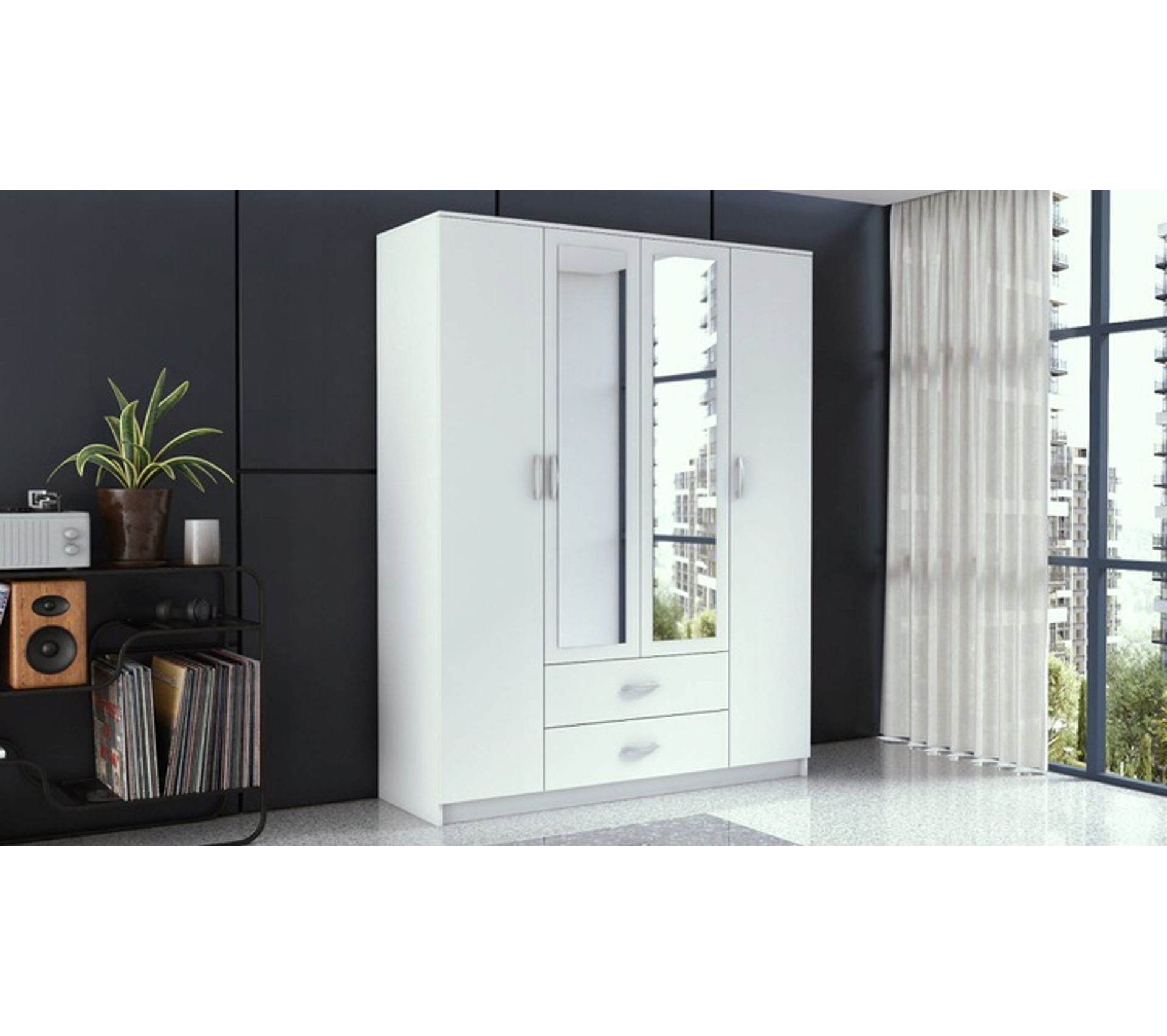 Roma Armoire Penderie 2 Portes 2 Tiroirs 2 Miroirs 160x52x205 Blanc