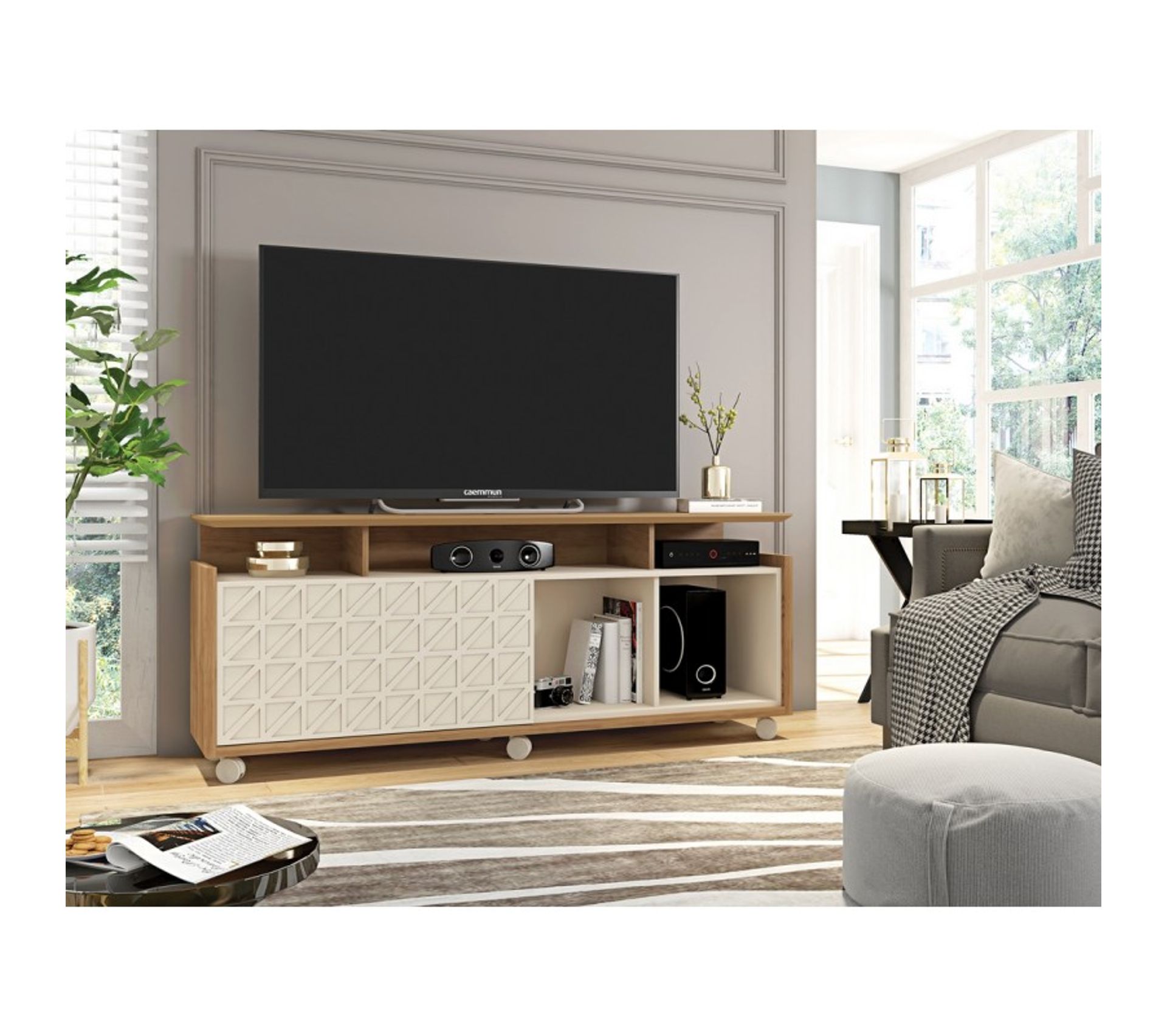 Meuble TV 65 Pouces Maxi Chêne Et Ecru Meuble TV