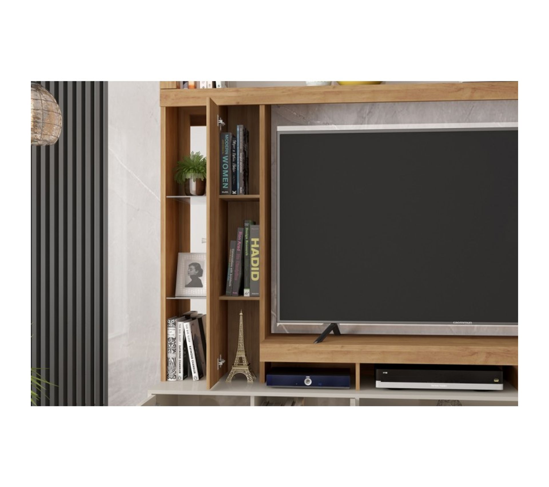 Meuble TV Mural 65 Pouces Chêne Et Ecru 16 Niches