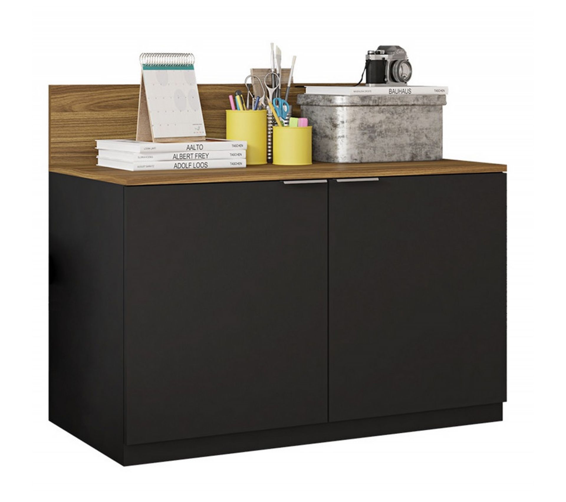 Armoire Basse 2 Portes Chêne Et Noir Buffet BUT