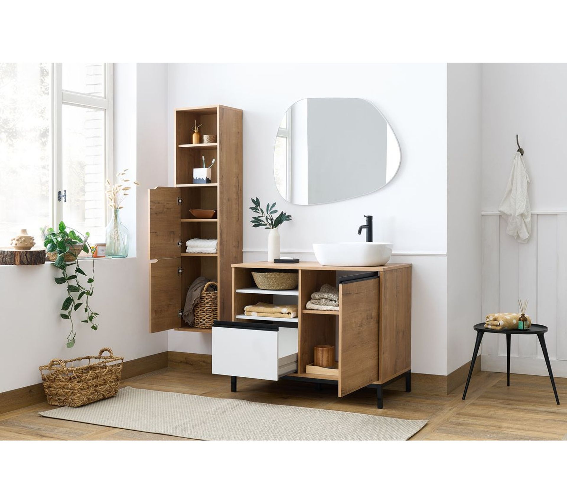 Ensemble De Salle De Bain 100 cm Sophie Avec Colonne Imitation Chêne