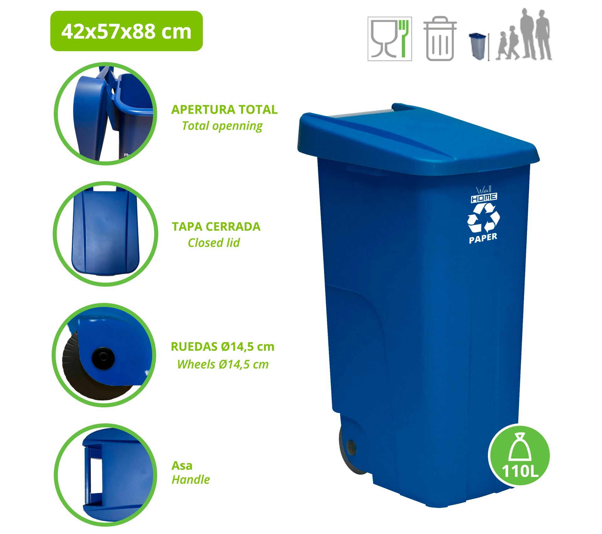 Poubelle Recyclage Bouteilles 110 L MKAKYES - Avec Couvercle Et 2 Sacs Réutilisables - Pour Cuisine, Extérieur - Noir - 2