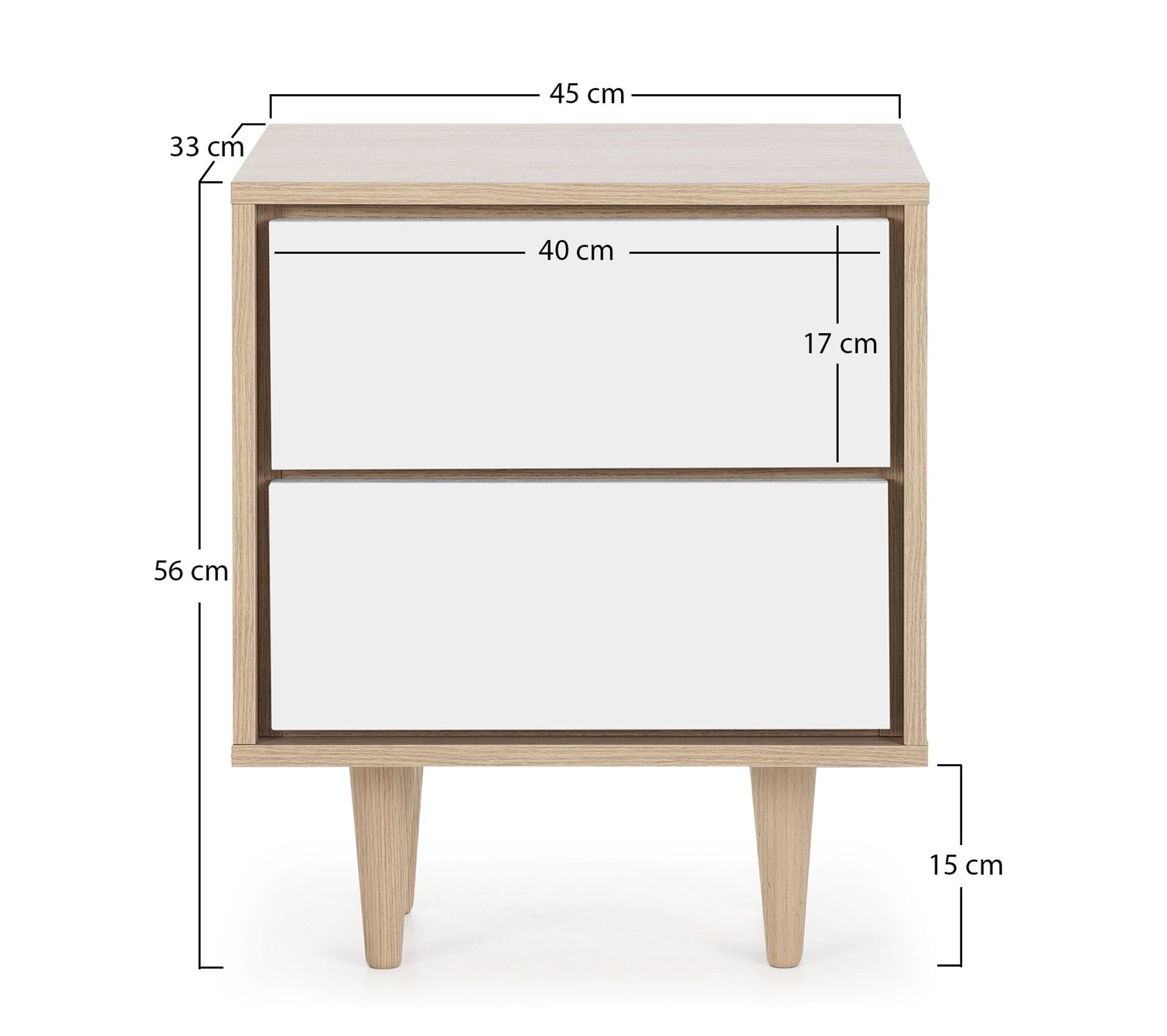 Table De Chevet Denia Avec 2 Tiroirs Couleur Chêne/blanc, 45cm (largeur) 33cm (profondeur) 55cm