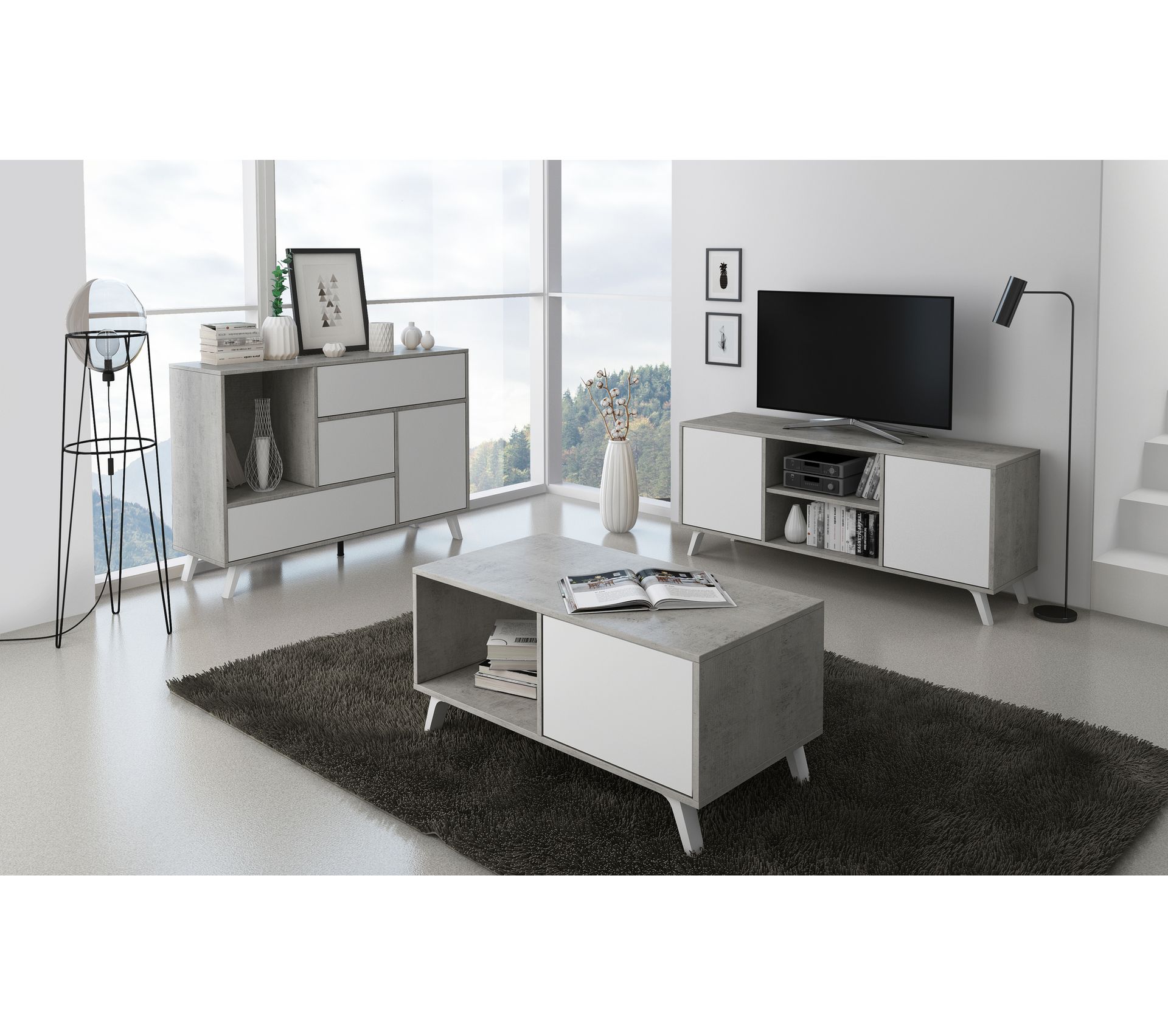 Buffet Wind 1 Porte,3 Tiroirs, Structure Coul. Ciment, Porte Et Tiroirs Coul. Blanc Mat