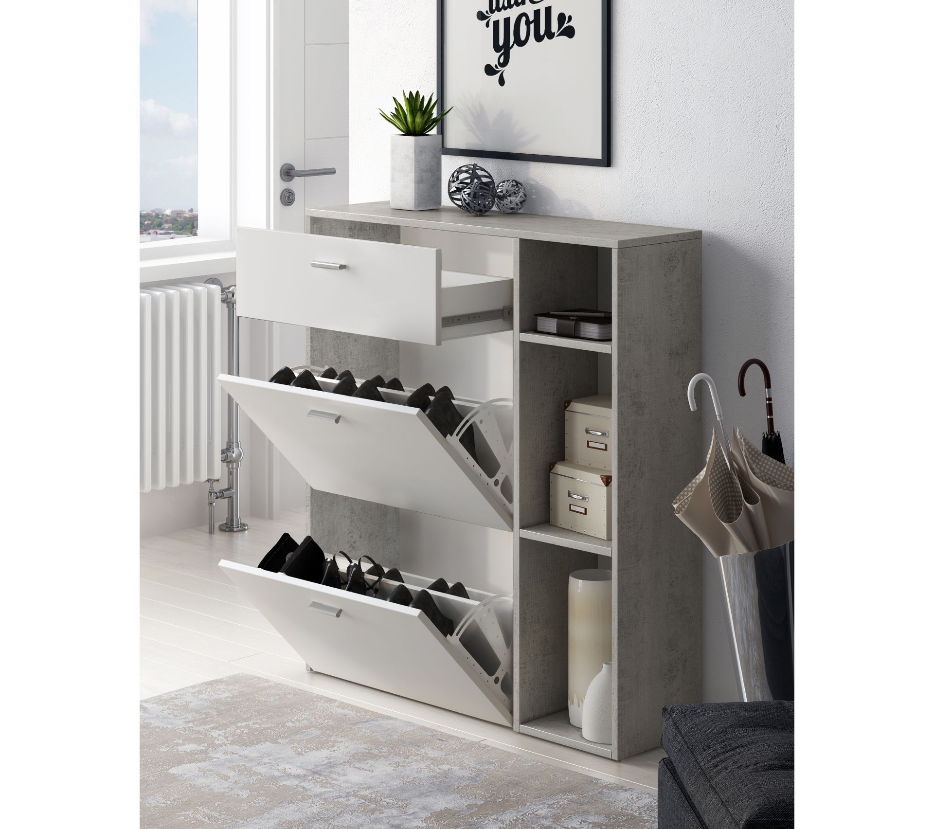 Meuble À Chaussures Wind,struct.coul.ciment, Coul.blancmat 2 Portes