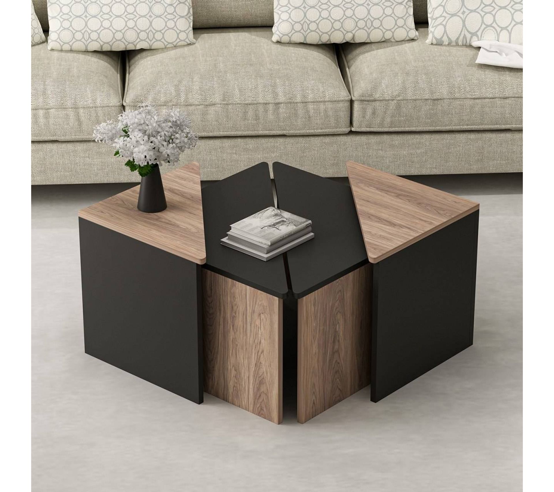 Ensemble De 4 Tables Basses Triangles Kolocep Noir Et Chêne Clair