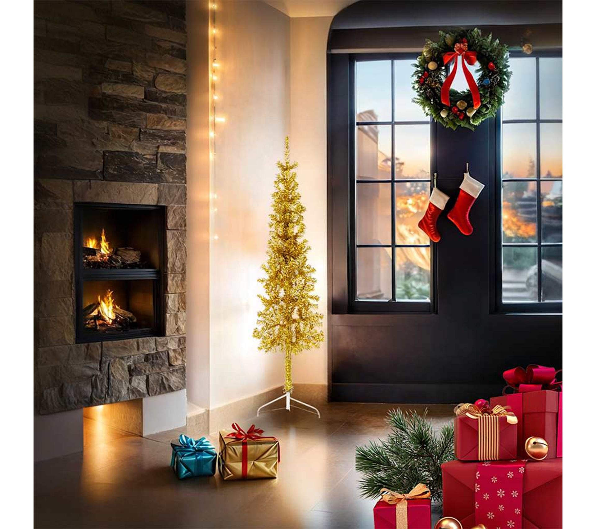 Demi Sapin De Noël Artificiel 210 Cm - PVC Touffu, Support Noir - Design Semi-circulaire Gain De Place