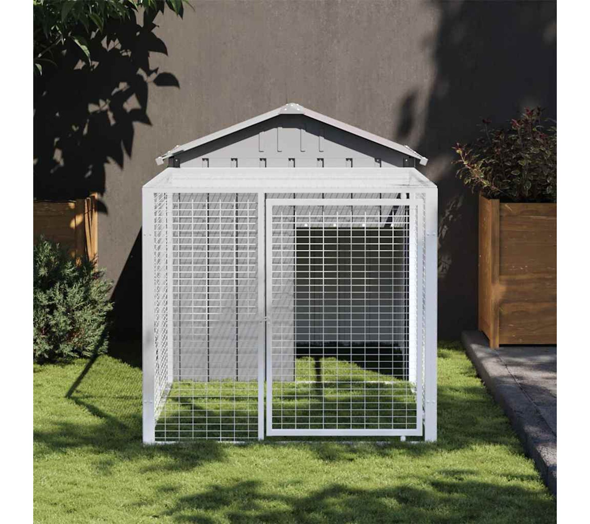 Niche Pour Chien Avec Enclos Extérieur - Dimensions 214x457x181 Cm - Acier Galvanisé, Toit Incliné, Gris Clair - Pour Chiens De Taille Moyenne/grande