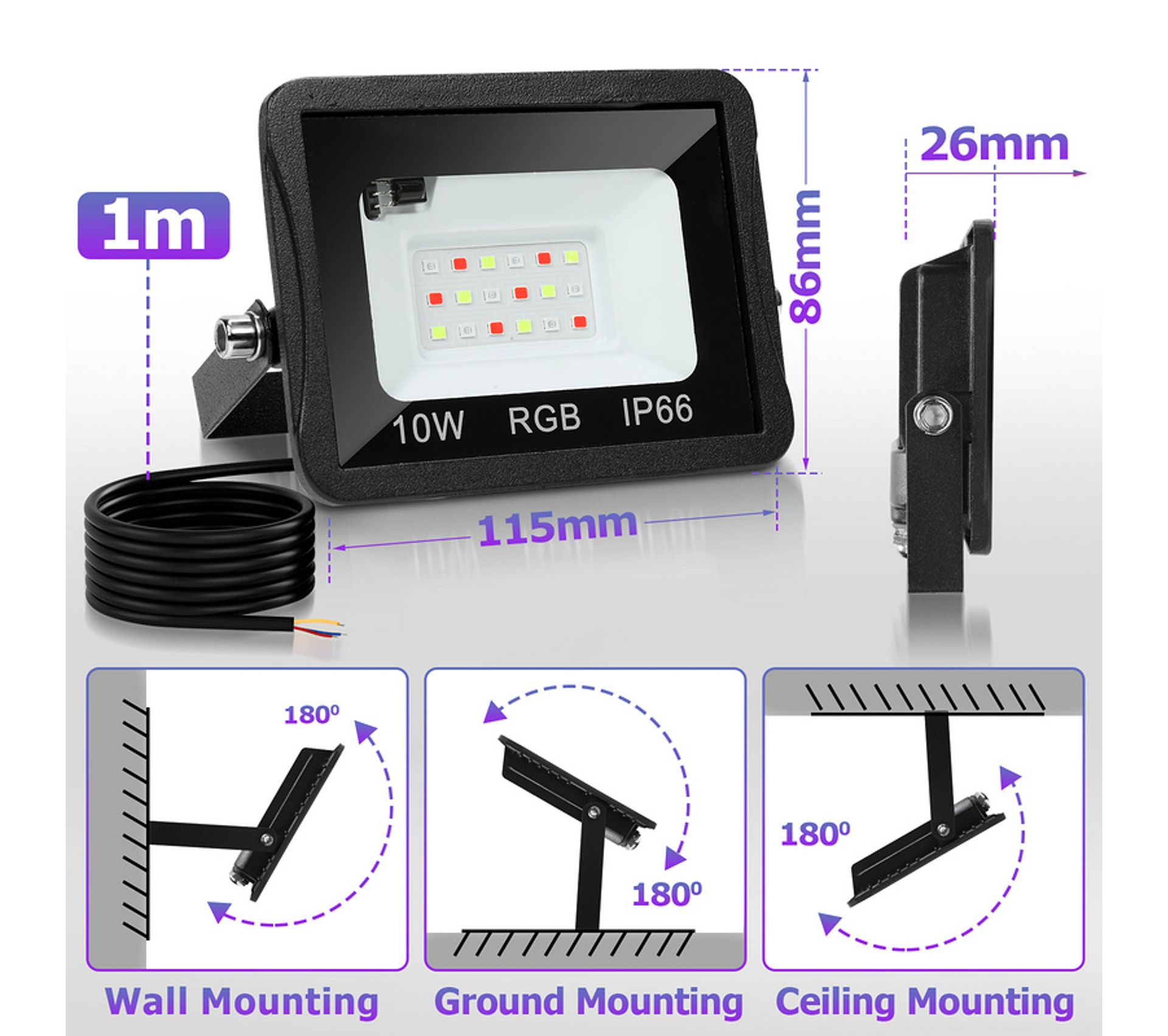 Projecteur LED étanche IP65 10W RGB - 12V, Télécommande, Pour Bateau, Yacht, Extérieur - Coquille Argent